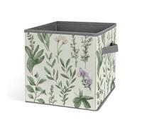 Green Flower Herb Sage Leaves And Branches Storage Bins 10.6 Inch, Oxford Fabric Foldable Storage Cube Organizer Basket with Handles, Fabric Bins for Closet Shelves, Toys, Clothes, Books, Bedroom