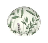 Green Flower Herb Sage Leaves Shower Cap for Women Double Layers Thick Hair Caps Reusable Waterproof Bath Caps with Elastic Band Hair Hat Washable Shower Hat for Men Women Spa Salon