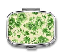 Green Flower Leaf Pill Case Box with 2 Compartment Medicine Vitamin Organizer for Purse Pocket 5.5x4cm