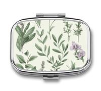 Green Flower Leaves Pill Box 2 Compartment Portable Travel Pill Case with Mirror Square Metal Medicines Storage Container Pocket Medicine Box to Hold Vitamins Fish Oil