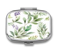 Green Flower Watercolor Herb Sage Leaves And Branches Pill Organizer with 2 Compartments Metal Square Pill Case Small Pill Box Portable Medicine Box Slim Travel Pill Container Medicine Organizer for D