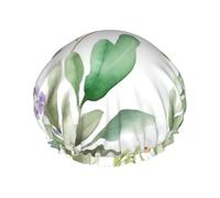 Green Flower Watercolor Herb Sage Leaves And Branches Shower Cap For Women Reusable Double Layers Bathing Bath Cap Hair Caps Waterproof Elastic Band Ladies Spa Salon Shower Hat Hair Caps