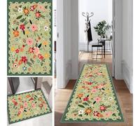 Green Flowers Rug Runner Hallway Colourful Long Kitchen Runner Bedroom Modern Rug Runner Non-Slip Washable 50 x 400 cm Durable Runner Rug Hallway Runner Corridor Polyester Sold by the Metre