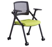 Green Folding Chair with Wheels - Mesh Back Office & Training Chairs, Commercial Conference Seating, Metal Guest Reception Chairs with Armrest for Waiting Rooms