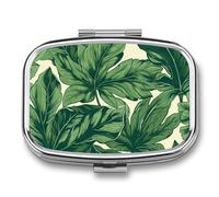Green Foliage Botanical Pill Box, 2 Compartment Medicine Pill Case, Portable Pill Organizer for Pocket Or Purse Decorative Metal Medicine Vitamin Organizer