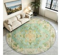 Green Foliage Traditional Round Rug 100 cm, Floral Washable Carpet | Classic Nature Leaf Circle Mat, Non-Slip Rubber Grip Backing, Low Pile Stain Resistant Rug for Conservatory & Hall