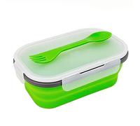 Green Food Grade Silicone Lunch Container Bento Box, Collapsible Food Storage Containers with Airtight Lids and 2in1 Fork, Reusable Food Container for Travel Camping, 1000ml Microwave Container