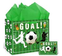 Green Football Gift Bag 11.8'' Soccer Gift Wrapping Bag with Tissue Paper Goal Card Decorations for Sports Party Favor Football Team Birthday Goodie Gifts Treat Wrap Presents Bags for Boy Men Supplies