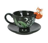 Green Forest Fox Teacup and Saucer Set | 500ml Ceramic Cup with 3D Fox & Foliage Design | Nature Gift for Tea Lovers | Cottagecore Woodland Decor | Hand Wash Only