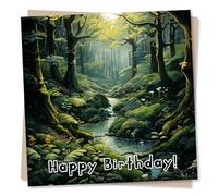 Green Forest Happy Birthday Card - Beautiful Trees and Stream Scene - Made in UK