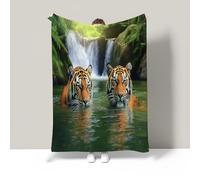Green forest lake Flannel Blanket,Soft Fleece Throw with Wild animal tiger Print,Reversible Design with Solid Colour Back,Cozy Warm Blanket for All Seasons,Ideal for Sofa or Camping,260x220cm