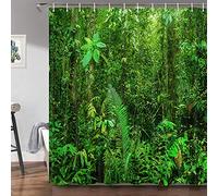 Green Forest Shower Curtain for Bathroom, Tropical Jungle Rainforest Landscape Nature Tree Exotic Plants Bath Curtain, 69X70 Inches Waterproof Fabric with 12 Hooks