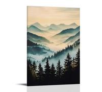 Green Forest Tree Canvas Wall Art, Watercolor Mountain Forest Landscape Painting Hanging Paintings Poster, Natural Scenic Art Picture Prints for Living Space 20x30inch(50x75cm)