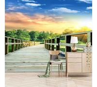 Green Forests Sky Rivers Wooden Bridges Modern 3D Wallpaper Premium Textured Silk Neutral Tones Material Ideal for Living Room Bedroom-150cm×105cm