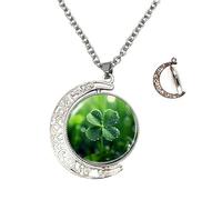 Green Four-Leaf Clover Crescent Pendant Necklace for Women Stainless Steel Boho Flower Shamrock Round Geometry Glass Adjustable Chain Charm Choker Necklaces Lucky Decor St Patrick’s Day Jewelry