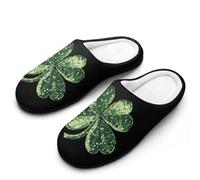 Green Four Leaf Clover Sequin Men's Cotton Slippers Winter Warm Slip-on House Shoes with Anti-Skid Rubber Sole 13-14(46-47)