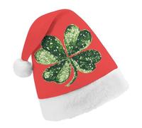 Green Four Leaf Clovers Sequin Santa Hat Christmas Holiday Party Headwear for Adults Soft Velvet Festive Costume Accessory Child