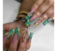 Green French Tip Press on Nails Long Square Head Fake Nails 3D Butterfly False Nail Tips with Gold Color Design Extra Long French Manicure Acrylic Nails Cute Artificial Nails for Women Girls 24pcs