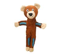 Green Frog Dog Toy with Raised Eyes, Long Limbs and Yellow Feet Detail | The green frog character has raised eyes, long striped limbs and yellow hands and feet extending from its body.
