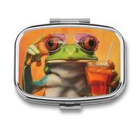 Green Frog Drink Pill Case Box with 2 Compartment Medicine Vitamin Organizer for Purse Pocket 5.5x4cm