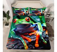 Green Frog Fitted Sheet Single Bed Frog Jungle Animals 3D Fitted Sheets Deep Pocket 12 inch 30 cm Bottom Sheet Ultra Soft Microfibre Bedding Set with 2 Pillowcases a/4363