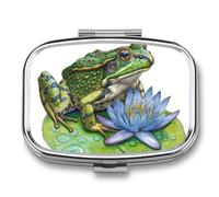 Green Frog Flower Pill Case Box with 2 Compartment Medicine Vitamin Organizer for Purse Pocket 5.5x4cm