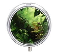 Green Frog Leaf Pill Case Box with 3 Compartment Medicine Vitamin Organizer for Purse Pocket 5x5cm