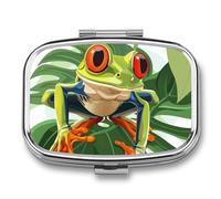 Green Frog Leaves Pill Case Box with 2 Compartment Medicine Vitamin Organizer for Purse Pocket 5.5x4cm