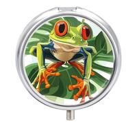 Green Frog Leaves Pill Case Box with 3 Compartment Medicine Vitamin Organizer for Purse Pocket 5x5cm