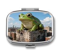 Green Frog Rooftop pilldispenser with Mirror 2 Compartments Waterproof PillCase for Purse Pocket Non-Slip Grip Travel Medicine Organizer Container Box for Vitamin Fish Oil Supplement