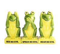 Green Frogs Froggy See Hear Speak no Evil Ceramic Salt Pepper Shakers And Toothpick Holder Attractives Trio!