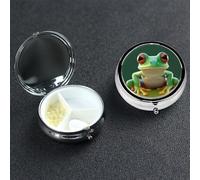 Green Funny Frog Pill Box 3 Compartment Round Portable Pill Case for Pocket or Purse Small Weekly Medicine Planner Travel Pillbox with Mirror Decorative Metal Vitamin Holder Gifts