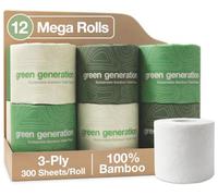 Green Generation Premium Bamboo Toilet Paper - 3 Ply - 12 Mega Rolls & 300 Sheets Per Roll - Septic Safe - Organic, Plastic & PFAS Free - FSC Certified (12 Rolls (3600 Sheets))