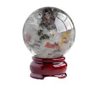 Green Ghost Crystal Ball with Wood Stand,Polished Rock Quartz Sphere Sculpture Figurine,for Witchcraft, Fengshui, Aura Home Desk Decor,70~80mm Gemstone Stone