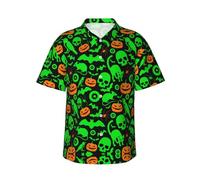 Green Ghost Horror Halloween Pumpkin Hawaiian Shirt - Full-Print Short Sleeve Button-Up Shirt for Men and Teens, Perfect for Beach & Tropical Getaways