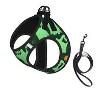 Green Ghost Horror Halloween Pumpkin Print Adjustable Reflective Harness Leash Set For Cats, Dogs And Small Pets, Soft Breathable Mesh Walking Vest With Escape-Proof Lead
