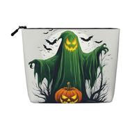 Green Ghost Horror Halloween Pumpkin Print Fake Hemp Makeup Bag â€“ Travel Toiletry Pouch for Women, Daily Storage, Business Trips, and More