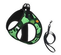 Green Ghost Horror Halloween Pumpkin Print Harness Leash Set For Cat And Small Dog, Adjustable, Reflective, And Escape-Proof Vest With Soft Breathable Mesh Lining