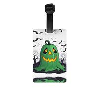 Green Ghost Horror Halloween Pumpkin Print Luggage Tag â€“ Full-Back Privacy Cover Suitcase ID Label for Women & Men, PVC Travel Name ID Tag