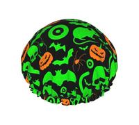Green Ghost Horror Halloween Pumpkin Printed Hair Cover, Dual Layer Bathing Cap For Thick Hair, Reusable Headgear For Women