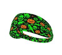 Green Ghost Horror Halloween Pumpkin Printed Running Headband Women, Foldable Adjustable Width, Non Slip for Workout Washing and Spa