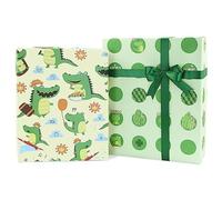 Green Gift Wrapping Paper For Kids Girls Boys, Happy Crocodile Cactus Clover Lovely Frog Gift Wrap Paper for Birthday Baby Shower Holiday, 6 Sheets With A Roll of Green Ribbon