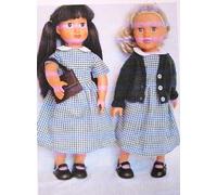 Green gingham school dress with knitted cardigan, bag and shoes to fit 18" dolls eg Designafriend, Our Generation
