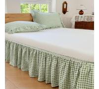 Green Gingham Wrap Around Ruffled Bed Skirt with Lace Decor, Plaid Grid Adjustable Elastic Dust Ruffles for King Bed, 15 Inch Drop Farmhouse Cottage Pleated Bed Frame Cover(Green Gingham, King)