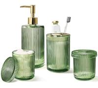 Green Glass Bathroom Accessories 4 Pcs, Green Bathroom Set, Soap Dispenser and Toothbrush Holder Set, Qtip Holder Set, Vintage Bathroom Sink Set, Cute Bathroom Decor