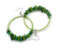 Green Glass Shell Wood Bead Hoop Earrings In Silver Tone/Large - 75mm Long