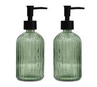 Green Glass Soap Dispenser Set with Black Pump, 13.5oz Refillable Liquid Hand Soap Dispenser, Lotion Dish Soap Dispenser for Modern Home Decor, Bathroom, Kitchen Countertop, Hotel(2 Pack)