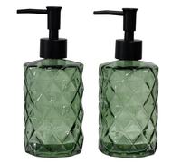 Green Glass Soap Dispenser with Black Plastic Pump, 12oz Refillable Liquid Hand Soap Dispenser, 2 Pack Crystal Lotion Bottle for Modern Home Decor, Bathroom, Kitchen Countertop, Hotel