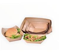 Green Globe [100 pcs 900ml 119mm x 2440mm x 45mm Brown Boats with Organic Coating, Small to Large Paper Food Trays, Cardboard Bowls, Burger Tray, Sandwich Tableware (Large)