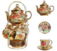 Green Globe 13-Piece Ceramic Tea Set with Teacups and Teapot in Oversized Size, Elegant Design with Gold-Toned Rim and Multicolored Floral Pattern